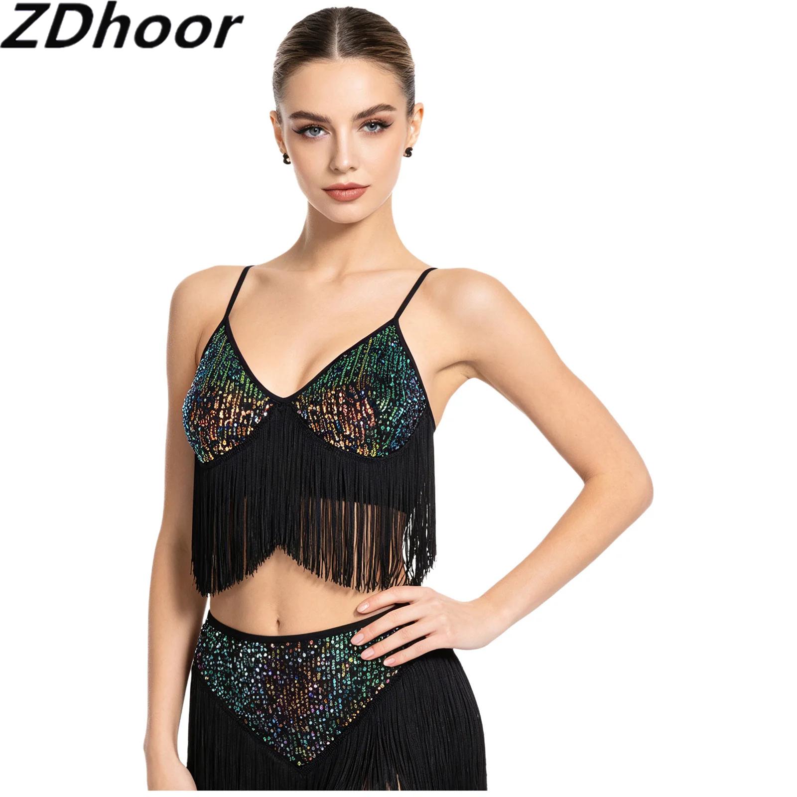 Women Latin Dance Glitter Sequ - Tassel Fringe Trim 评论和价格